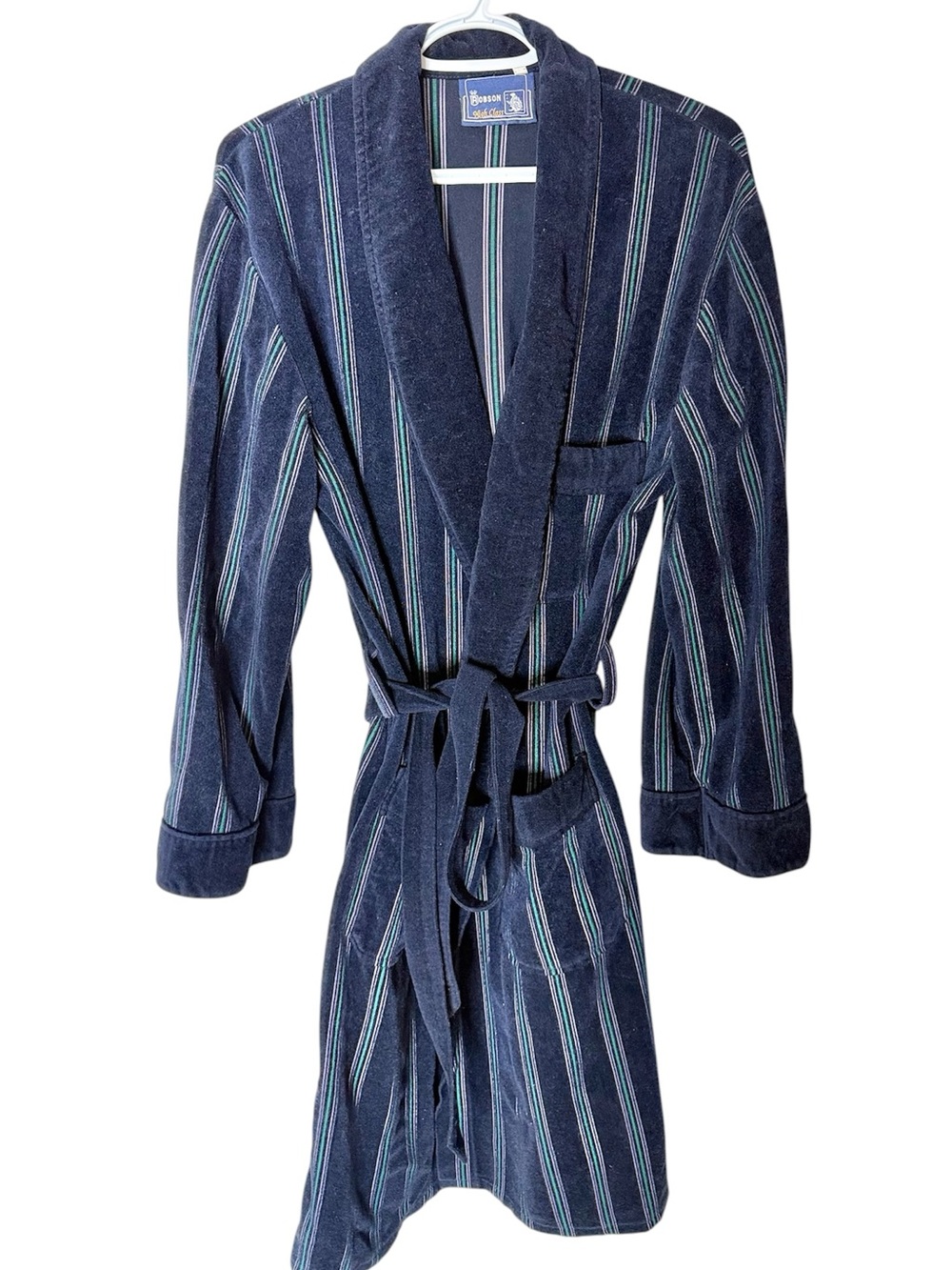 ROBSON HIGH CLASS Men’s Vintage Navy Blue Green Striped Robe Housecoat Large XL